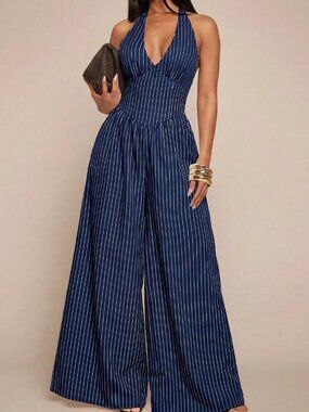 Navy Blue Sexy Women's Plus Size Striped Halter Neck Jumpsuit